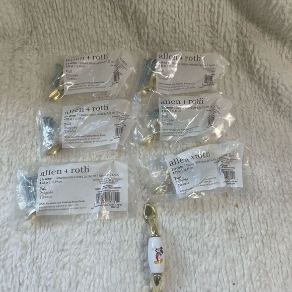 NEW set of 6 Allen +Roth  Mikey Mouse White porcelain & polish brass Drawer pull - Picture 4 of 8